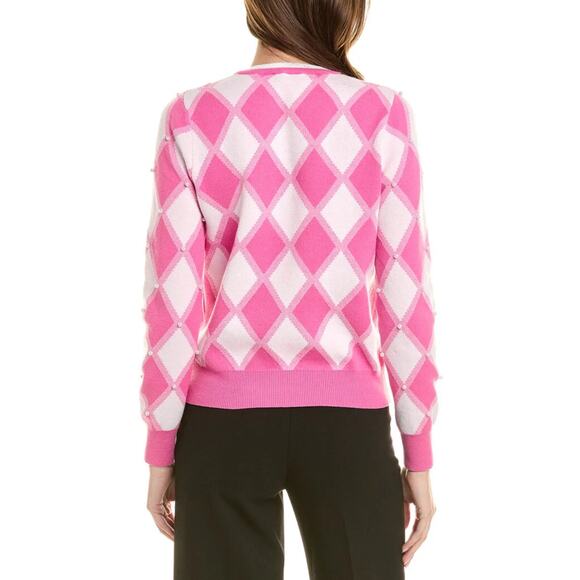 Nanette Lepore Argyle Cardigan Pearl Crew Neck Plaid Barbie Sweater, Pink - Picture 2 of 12